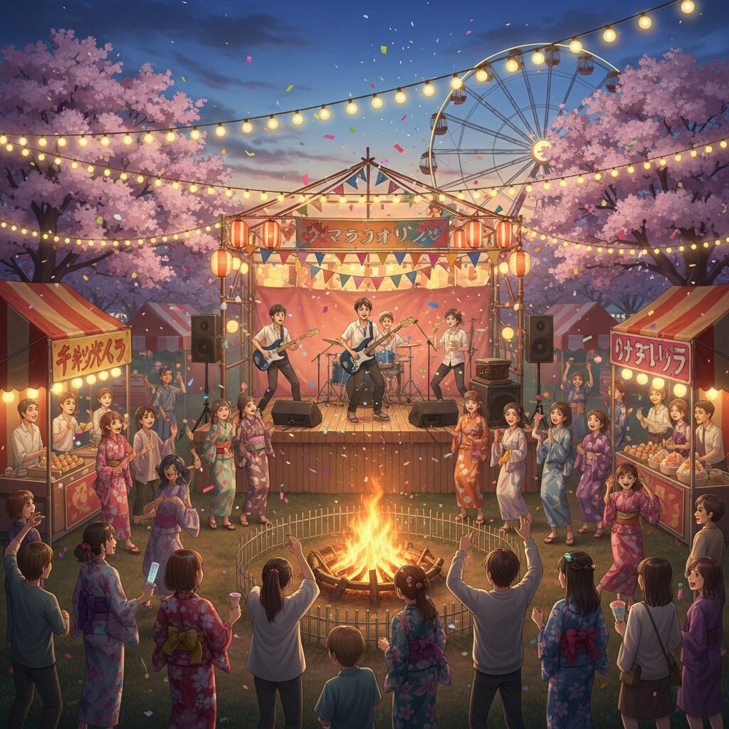 高校の文化祭で楽しむ学生たち。西洸人のミスターコンテストを彷彿とさせる賑やかな風景。