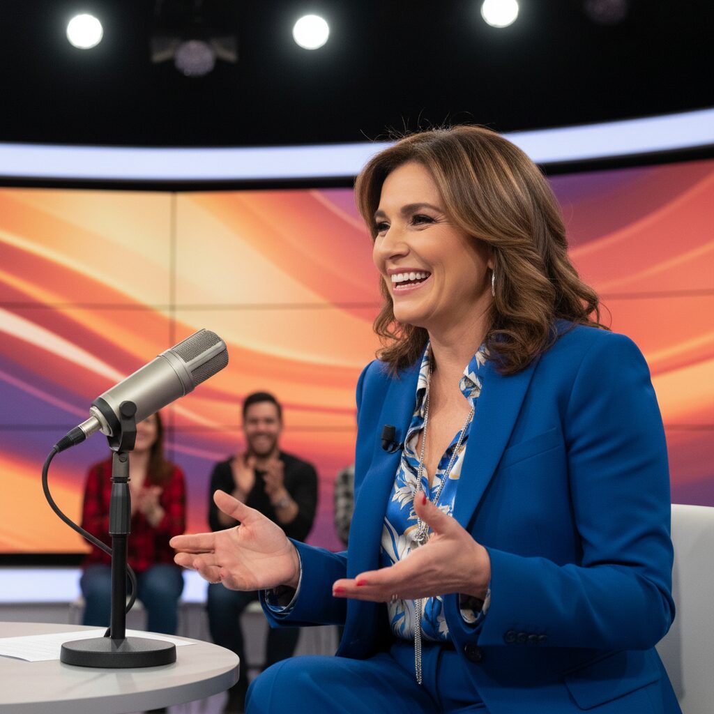 笑顔で話す神田愛花さん、テレビ番組のスタジオ風景