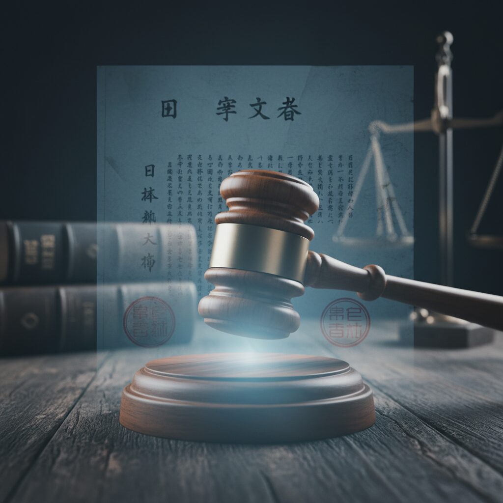 裁判官が木槌を叩き、背景に日本国憲法のイメージが描かれたイラスト。合憲限定解釈の概念を象徴している。