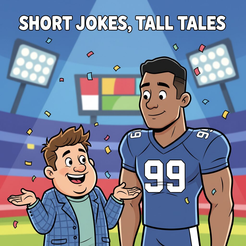 井戸田潤さんと背の高い男性が並んでユーモラスに身長差を表現しているイラスト