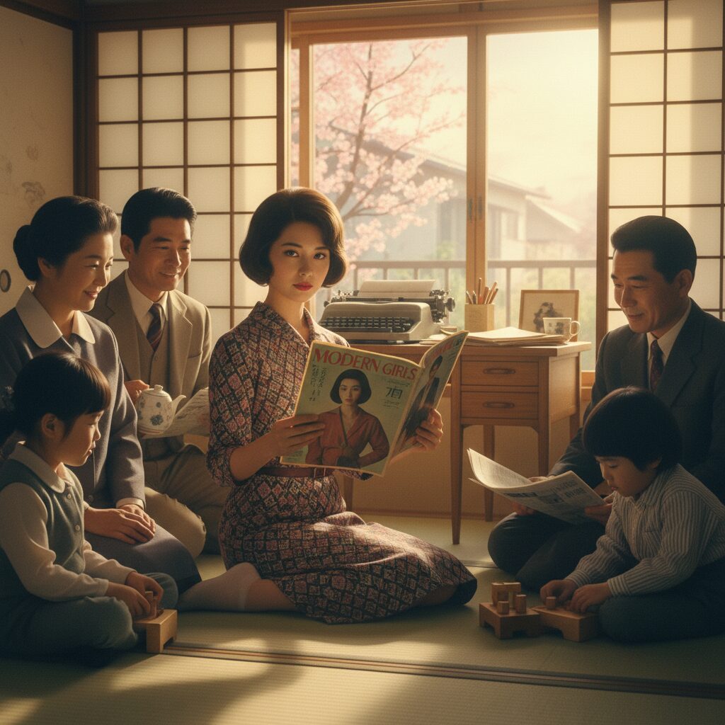 雑誌を手に働く女性と家族の姿、NHK朝ドラ「とと姉ちゃん」の主人公・常子をイメージしたイラスト