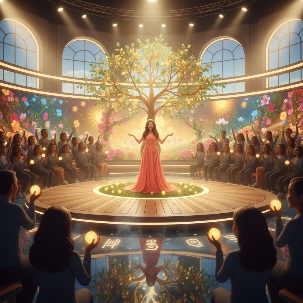 情報番組ヒルナンデス！のスタジオで明るく笑顔を見せる女性タレント。卒業と退席の背景にある物語を象徴するイメージ。