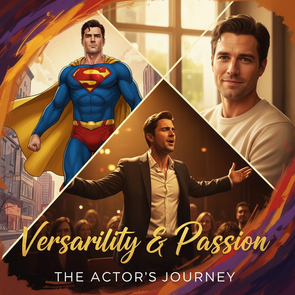 仮面ライダーの変身ポーズを取る村井良大と、舞台でスポットライトを浴びる姿、笑顔のポートレートがコラージュされた画像