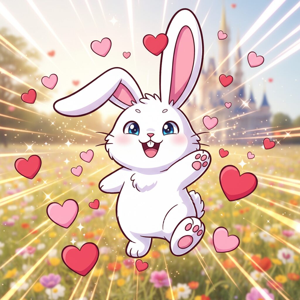 アニマル横町の人気キャラクター、イヨのイラスト。いたずらっぽい表情の白いウサギ。