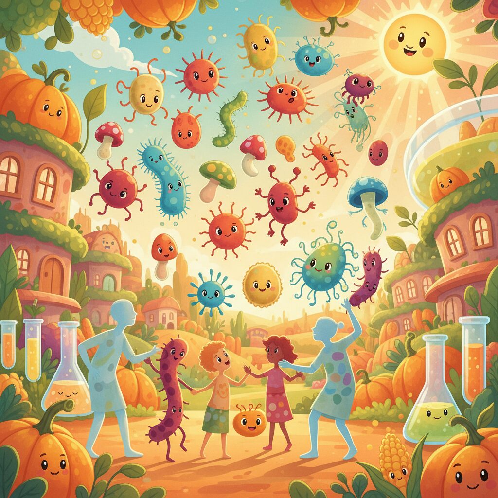 可愛い菌たちと農大生が描かれた「もやしもん」の世界観を表現したイラスト