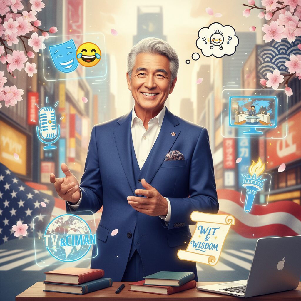 笑顔で活気ある雰囲気をまとい、メディアや文化を象徴する要素に囲まれた男性のイラスト