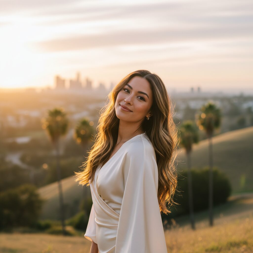 自然な笑顔で風景の中に立つ矢島舞美さんのような女性のイメージ画像