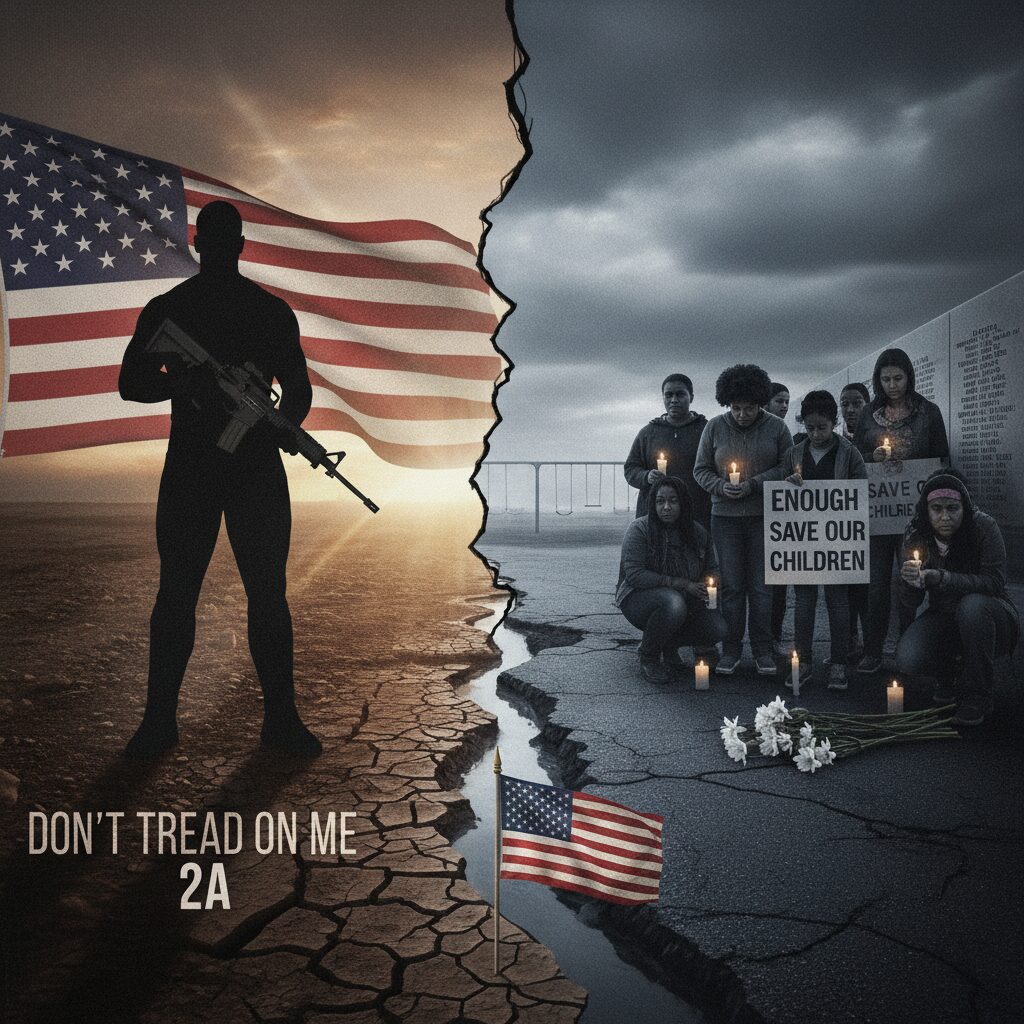 銃を持つ人と銃規制を求める人々、アメリカ国旗を背景にした対立する2つの視点を描いたイラスト