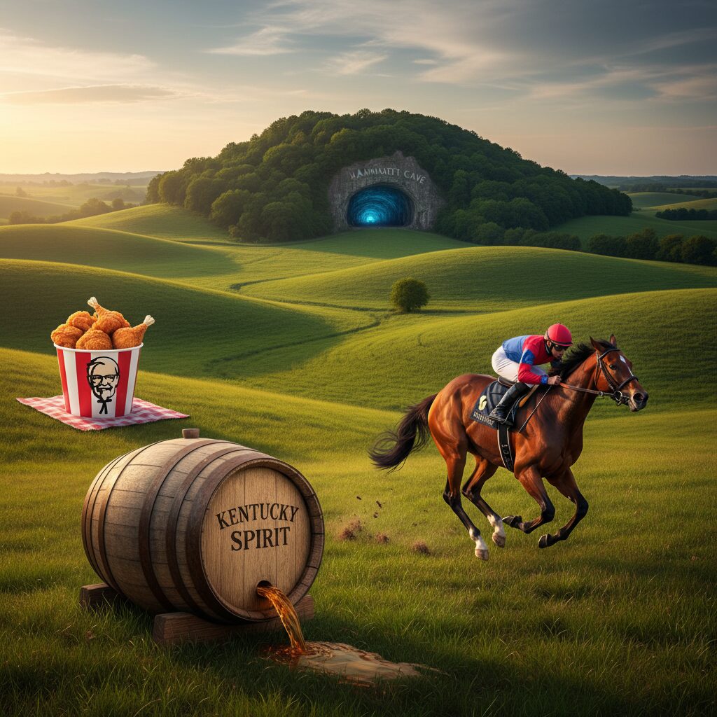 ケンタッキー州の観光スポット（バーボン、競馬、マンモスケーブ、KFC）を象徴する風景