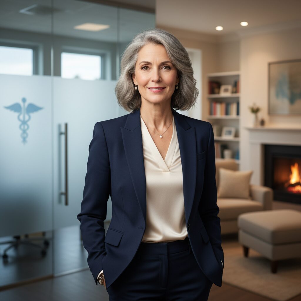 知的な雰囲気の女性医師が優しく微笑むポートレート。背景には医療機関と家庭を連想させる風景が溶け込んでいる。