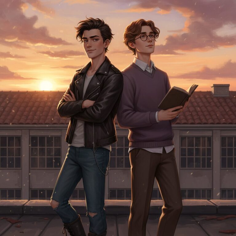 修二と彰の「青春アミーゴ」をイメージした、夕焼けの屋上に立つ二人の男性のイラスト。