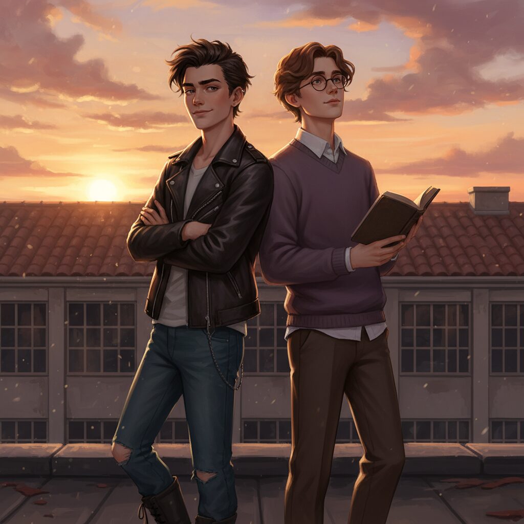 修二と彰の「青春アミーゴ」をイメージした、夕焼けの屋上に立つ二人の男性のイラスト。