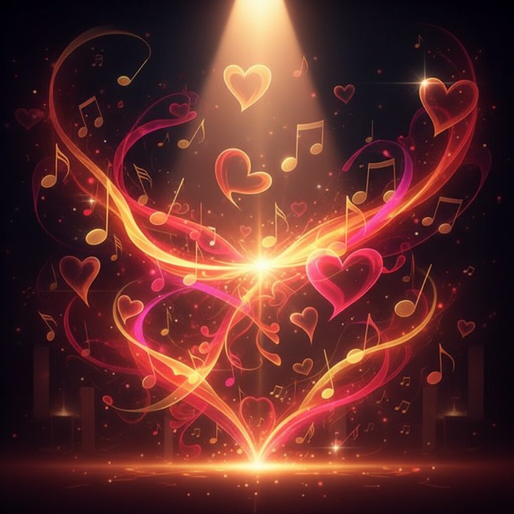 情熱的な赤と紫を基調とした背景に、音符とハートが舞うイラスト。中央にはスポットライトが当たり、高揚感を表現している。