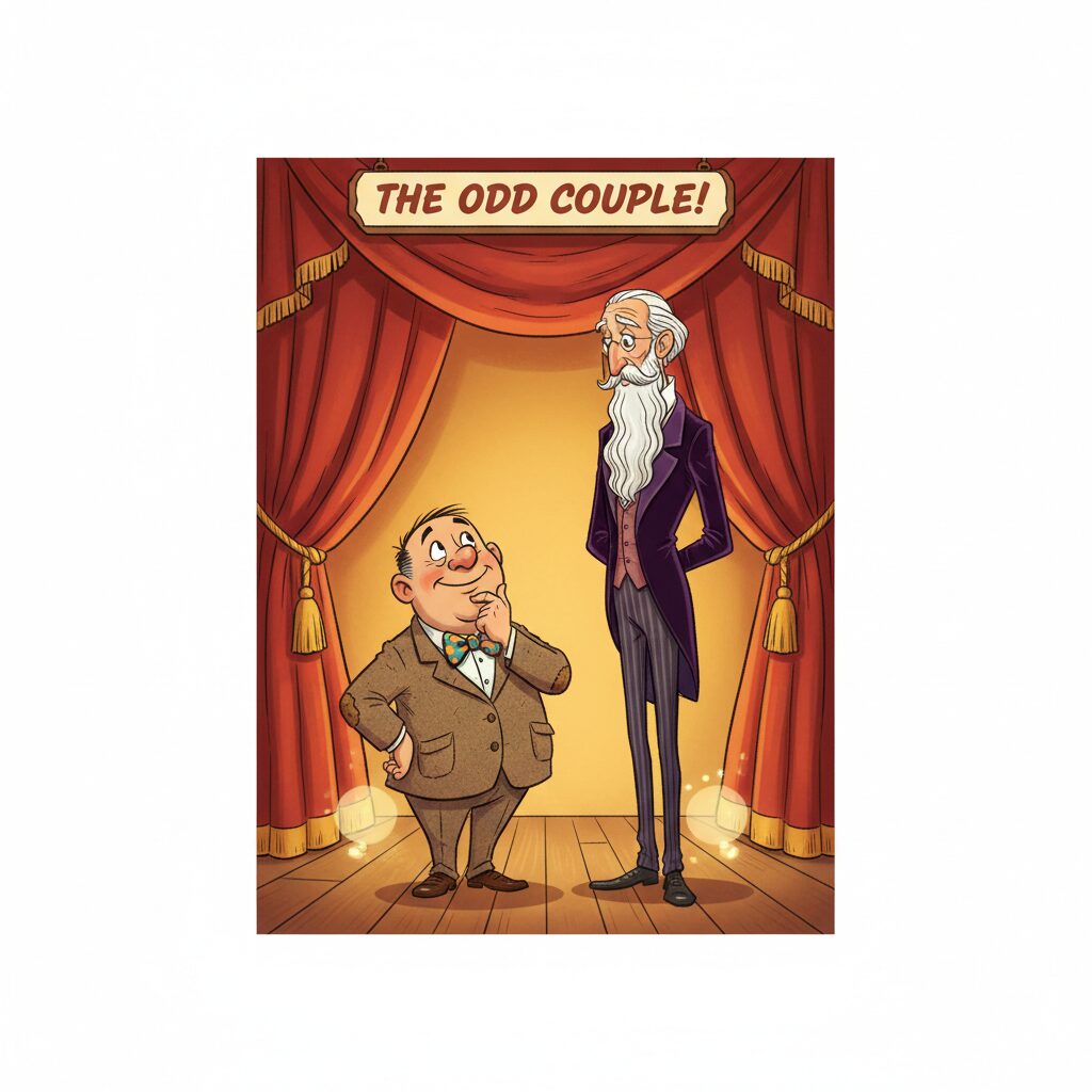 岡村隆史と高身長の人物が並ぶイラスト。身長差がコミカルに表現されている。