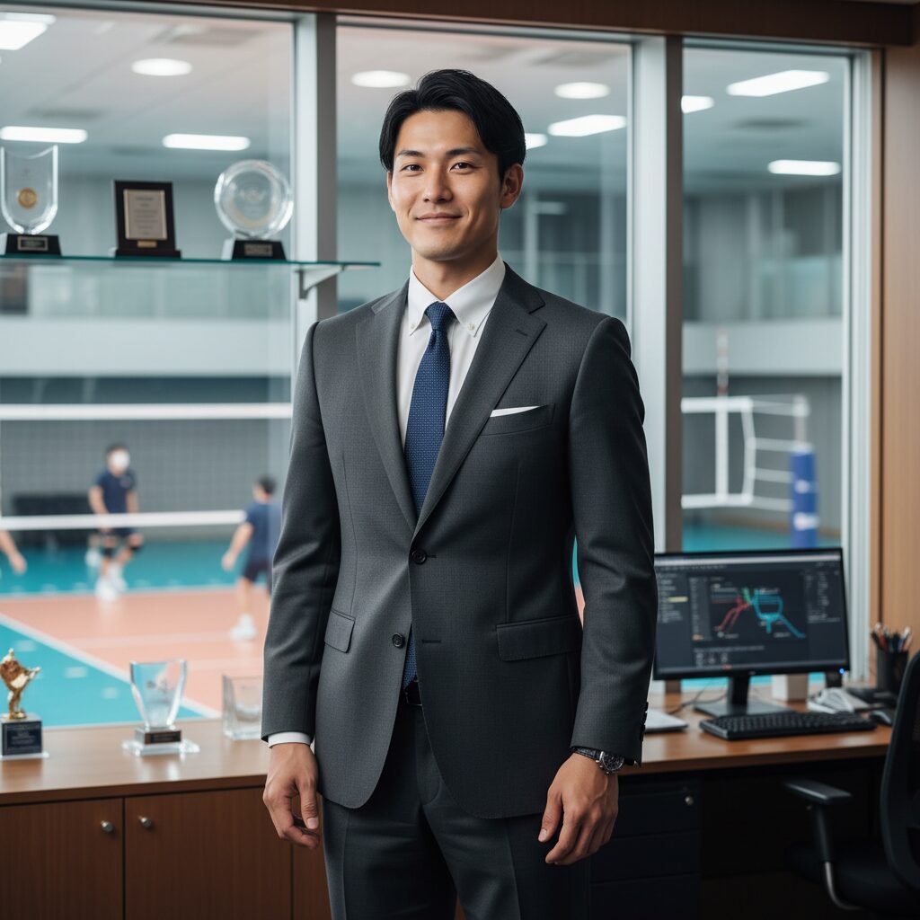 高身長の川合俊一さんがスポーツ関連の場所で自信を持って立っている様子