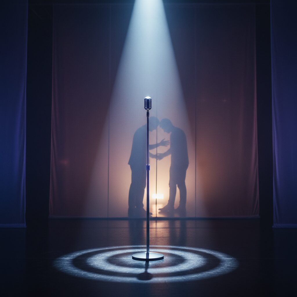 堂本光一さんの結婚報道と佐藤めぐみさんとの関係を象徴するイメージ。舞台とプライベートが融合したデザイン。