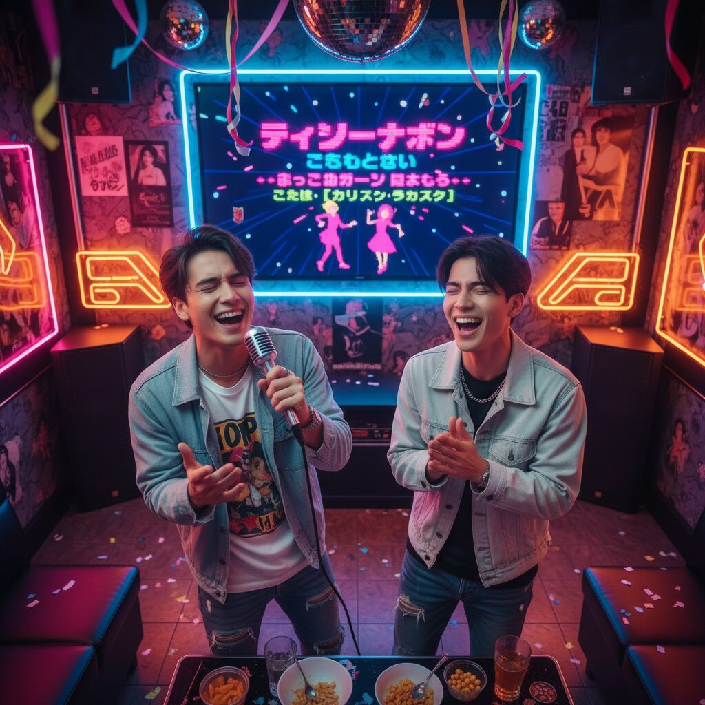 カラオケで青春アミーゴを熱唱する男性二人組