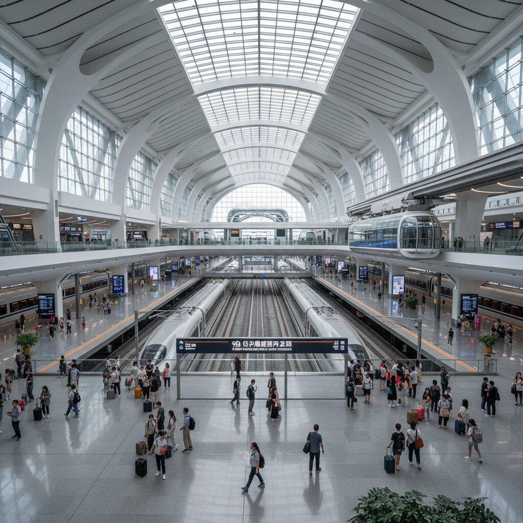 重慶東駅の広大な内部、高速鉄道と都市交通が融合する未来的な空間