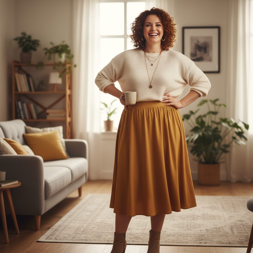 健康的で自信に満ちた笑顔の野呂佳代さんが、リラックスしたポーズで立っている様子。