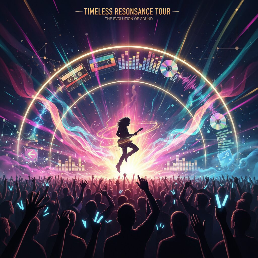 ステージ上でパフォーマンスするアーティストのシルエットとSNSアイコンが融合したイメージ