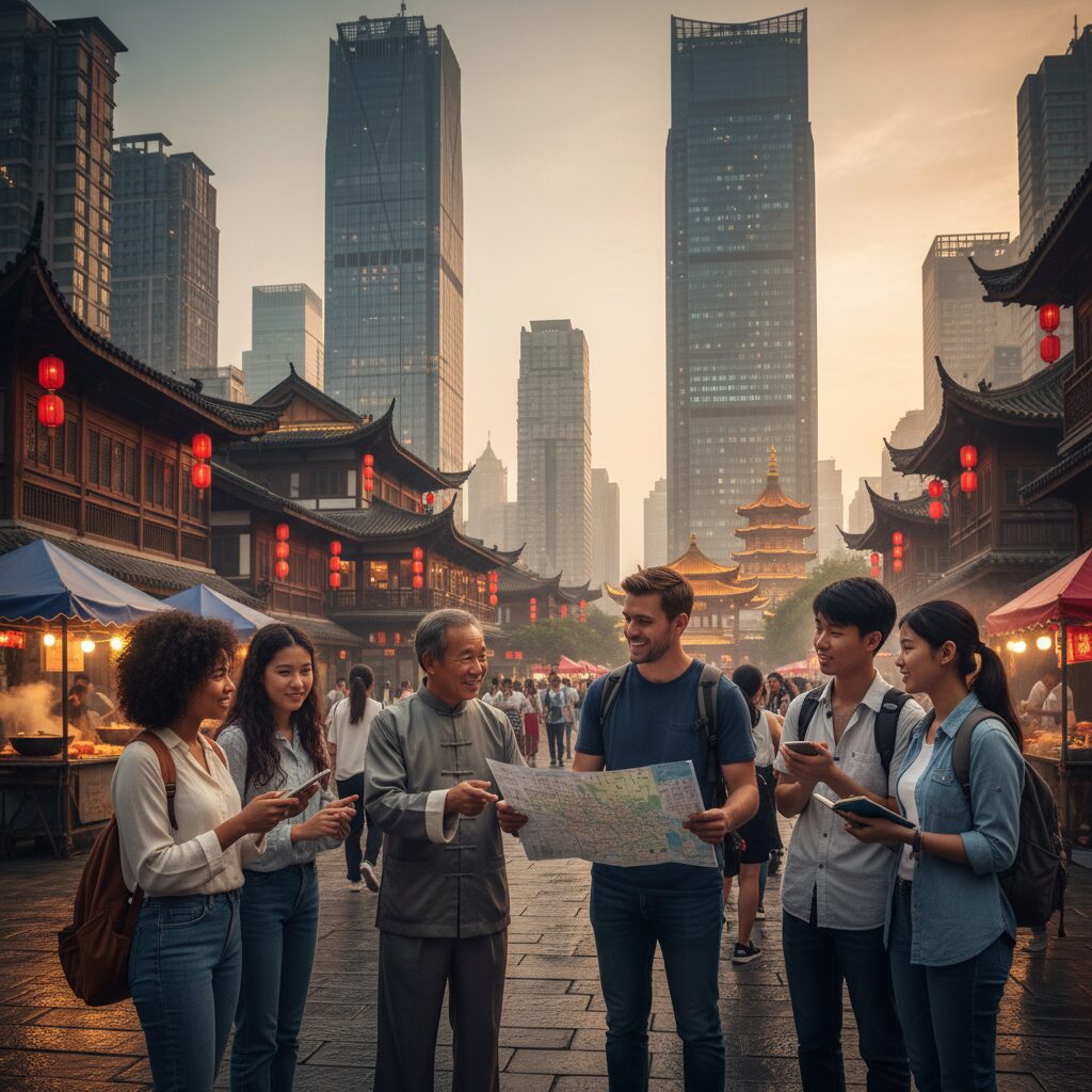 重慶の活気ある街並みで英語を使ってコミュニケーションを取る人々の様子