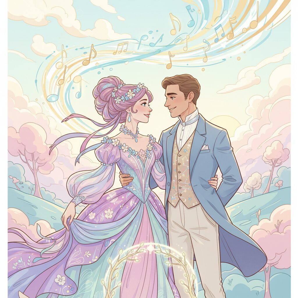 きゃりーぱみゅぱみゅと葉山奨之が笑顔で見つめ合う、水彩画風のロマンチックなイラスト