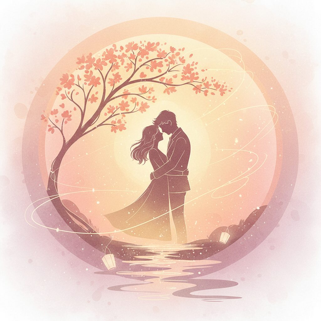 香取慎吾さんの25年間の純愛を象徴する、温かい光に包まれたカップルのシルエットイラスト