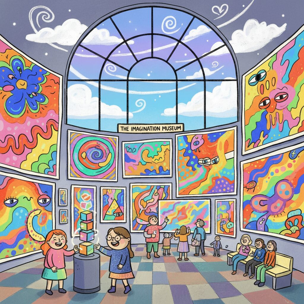 浜田雅功氏の個展「空を横切る飛行雲」の展示風景。ユニークな絵画が並び、鑑賞者が楽しんでいる様子。