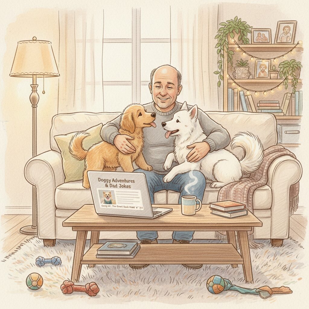 モト冬樹さんと愛犬たちがくつろぐ、温かいリビングの風景