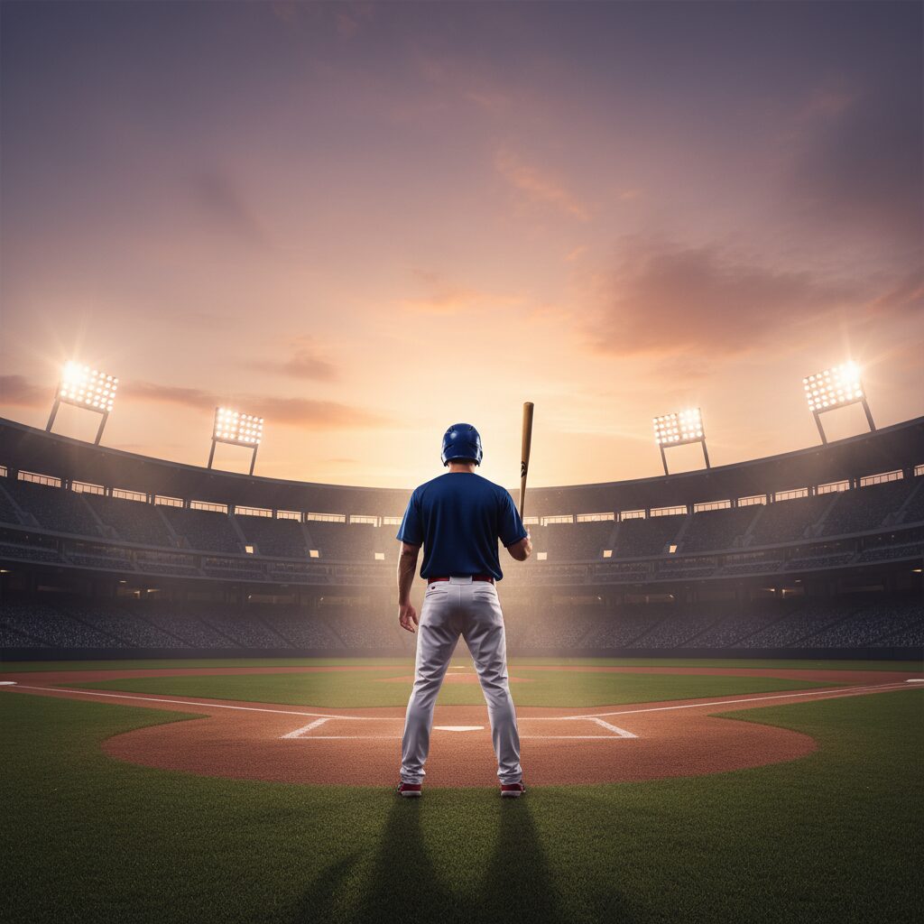 夕暮れの球場でバットを構える野球選手の背中。