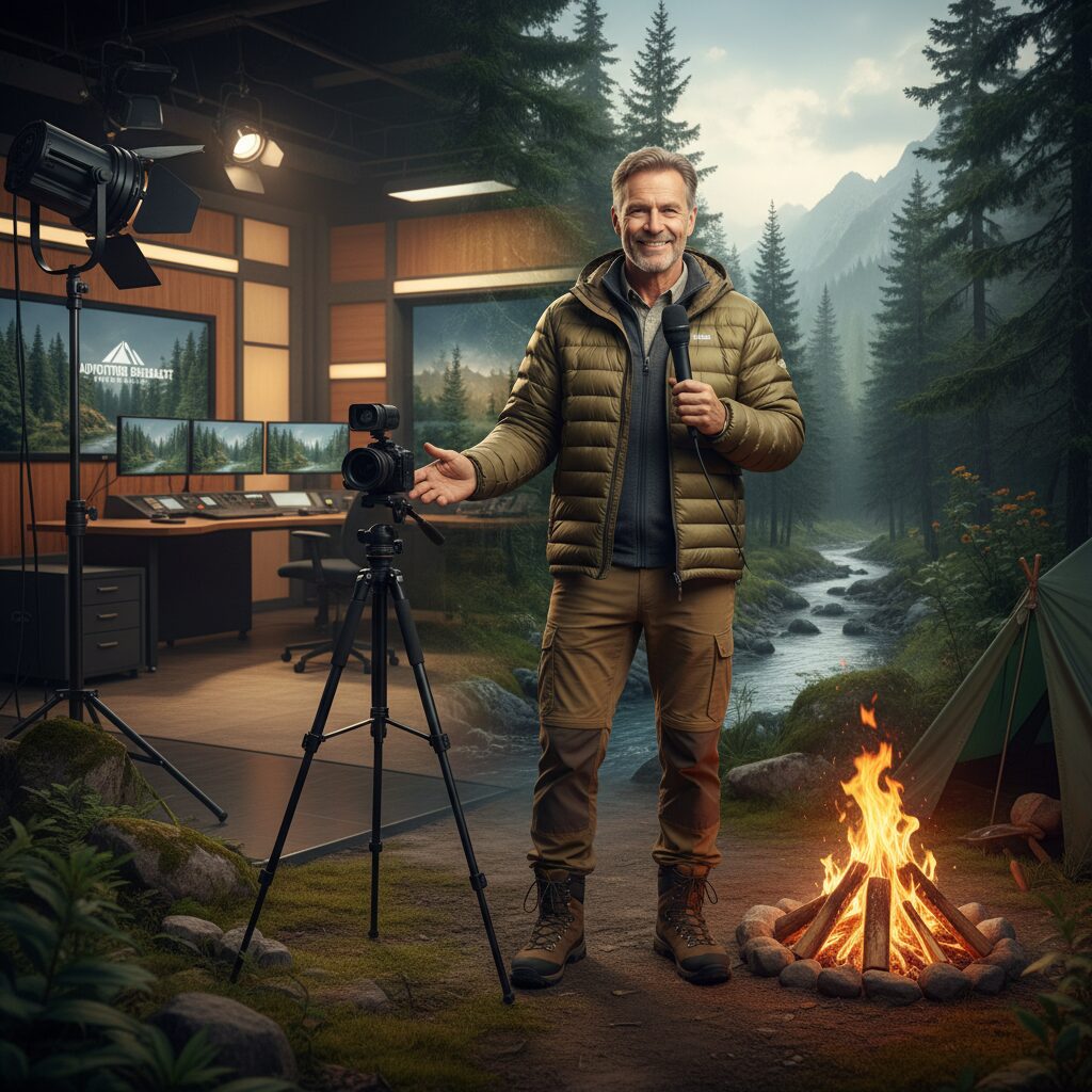 リポーター、MC、ナレーター、動画クリエイターとして活躍する大竹真が、キャンプ場でマイクとカメラを持つ姿のイラスト