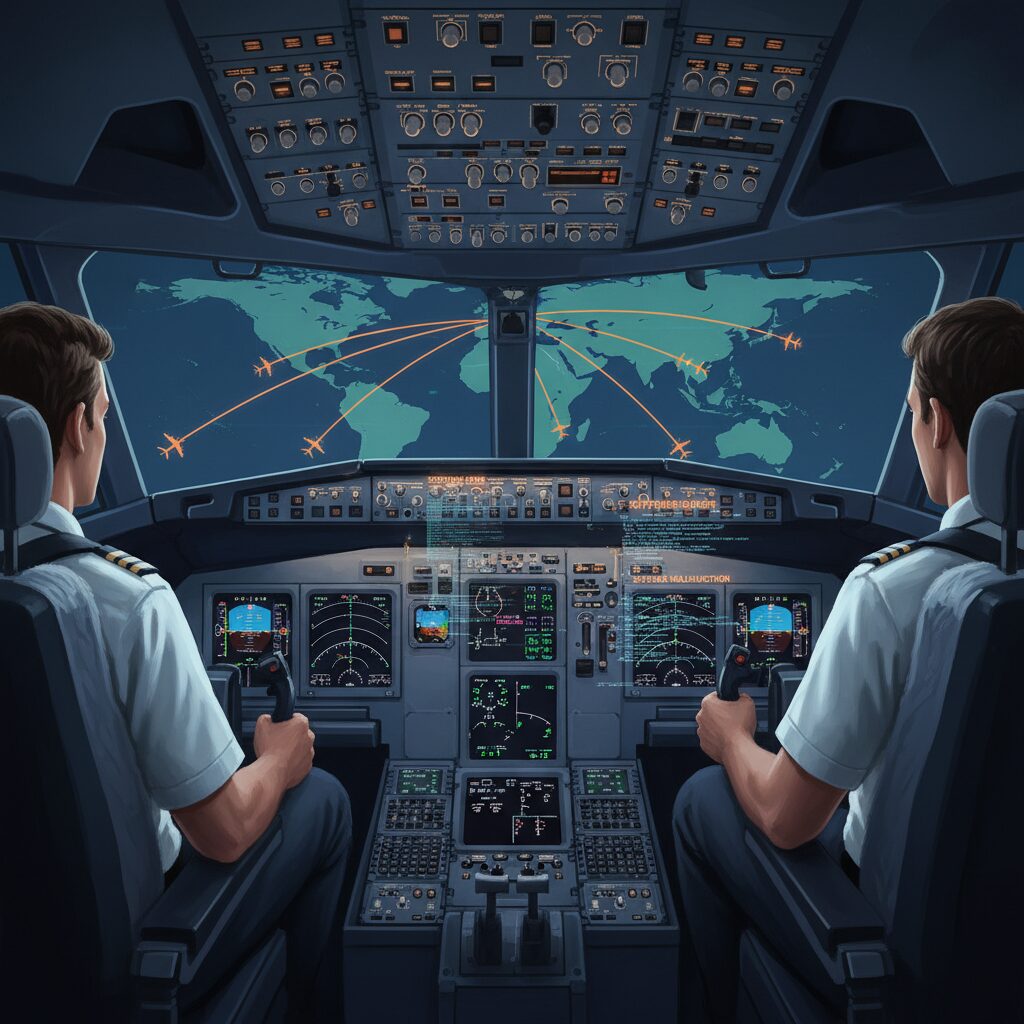 飛行中のエアバスA320型機とソフトウェアの不具合を示すコックピットの表示、欠航や遅延の影響を表す世界地図。