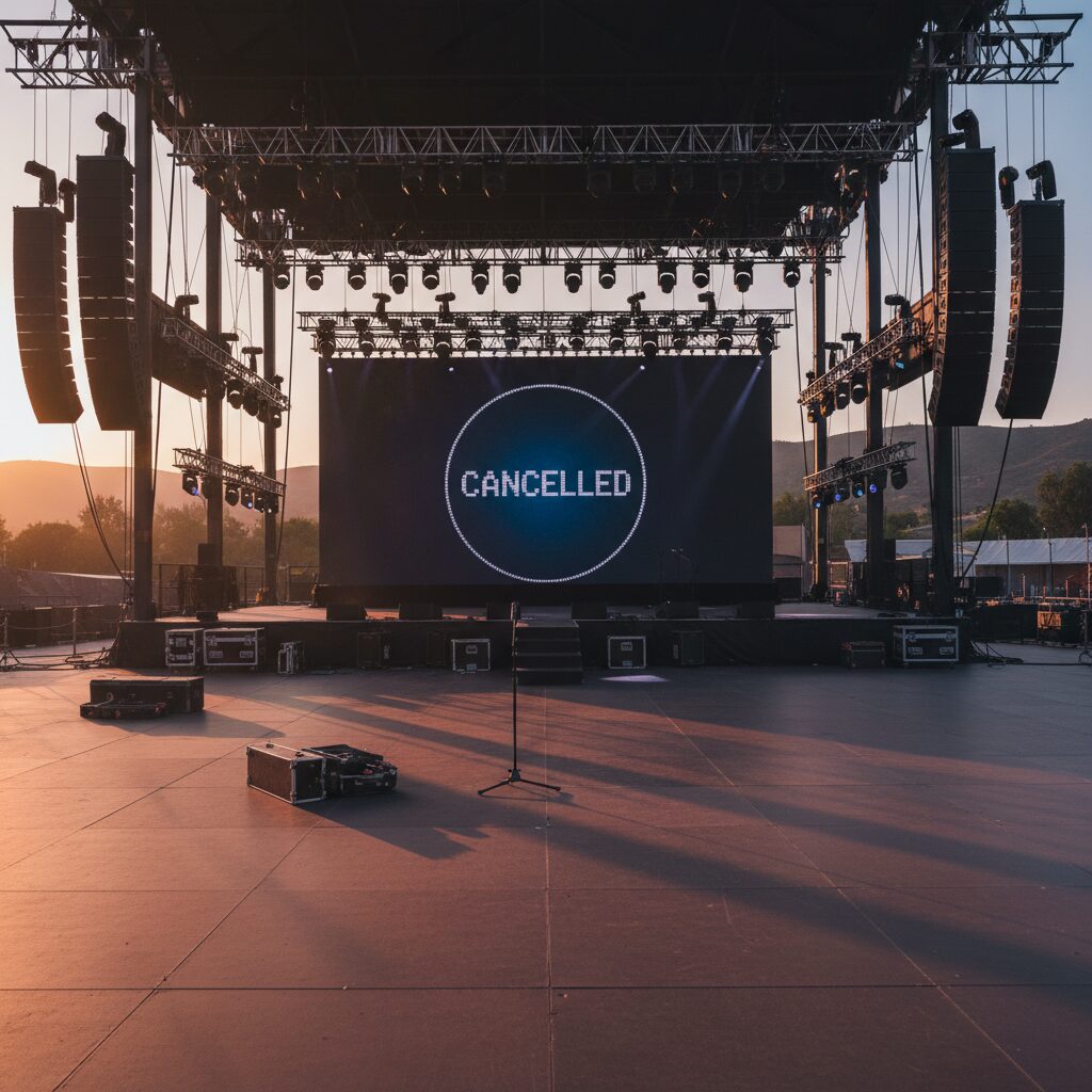 空っぽのコンサートステージとスポットライト、客席は誰もいない。夕日が長い影を落とし、突然の中止を暗示している。