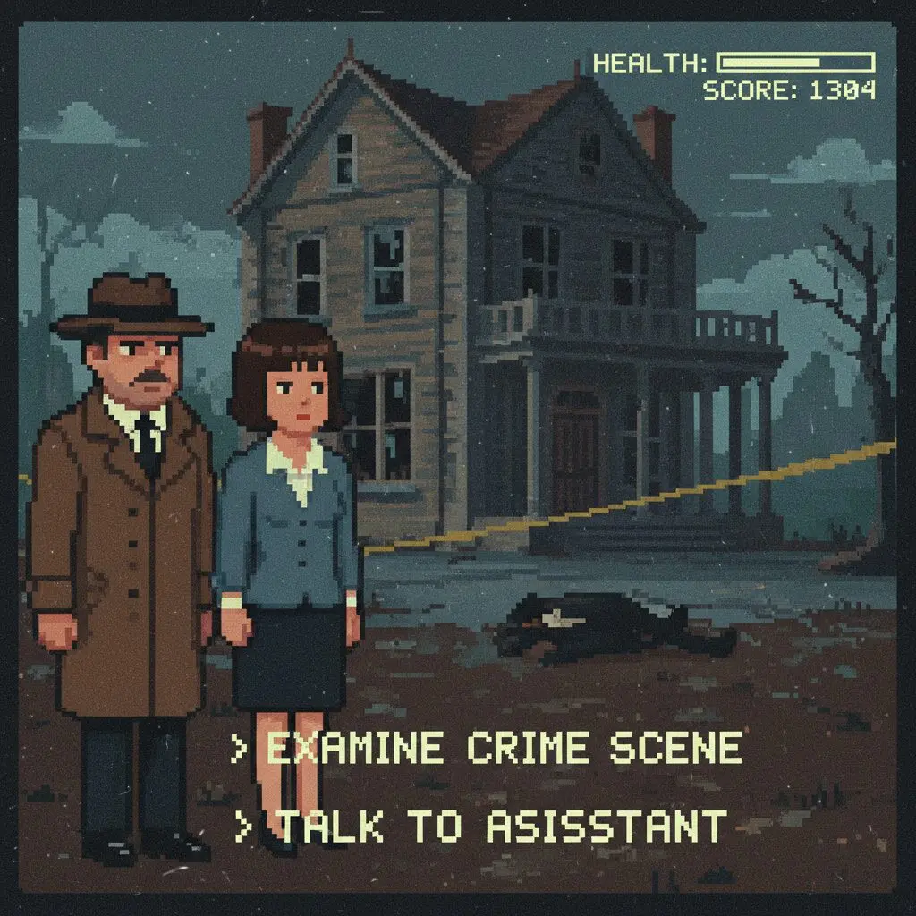 ファミコン版ポートピア連続殺人事件のゲーム画面と探偵のイラスト