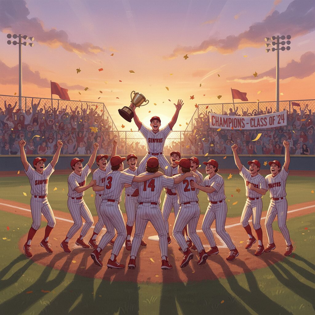 甲子園で勝利を祝う東大阪大柏原高校野球部の選手たちと、その背後にある閉校の現実を象徴する夕焼けの風景。