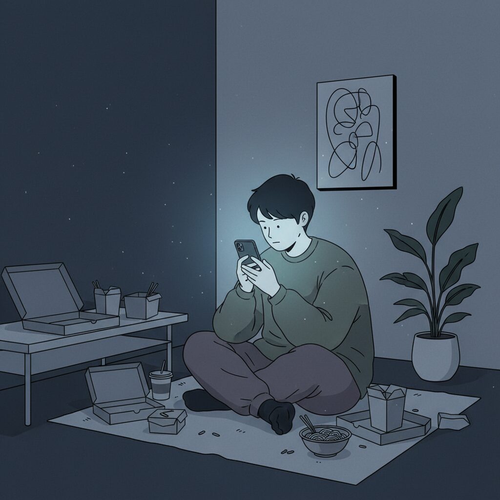 スマートフォンを操作し、デリバリーの食事に囲まれて部屋で過ごす若者