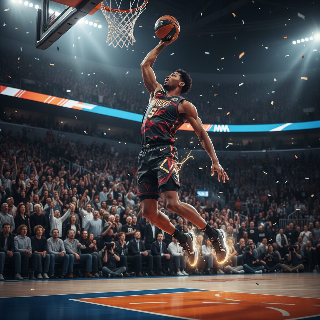 バスケットボールの試合で躍動する長身の選手。力強いジャンプとボールを持つ姿が印象的。