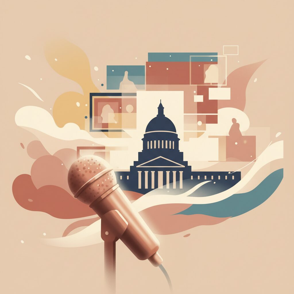 政治家上野賢一郎氏の家族とメディア、プライバシーに関する抽象的なイラスト