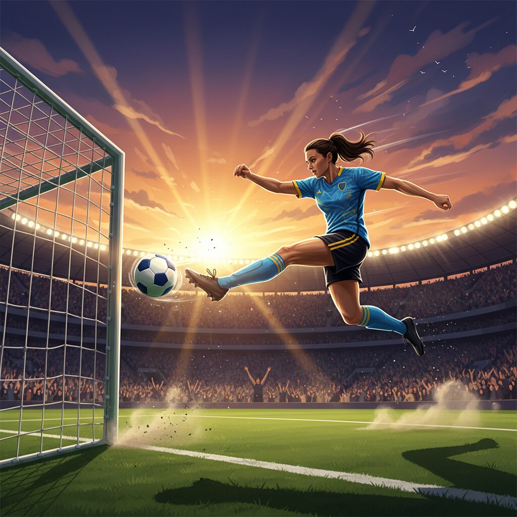 サッカー場で躍動する女性選手のイラスト。ゴールを決める瞬間を捉え、その力強い姿とスタジアムの熱気が表現されている。