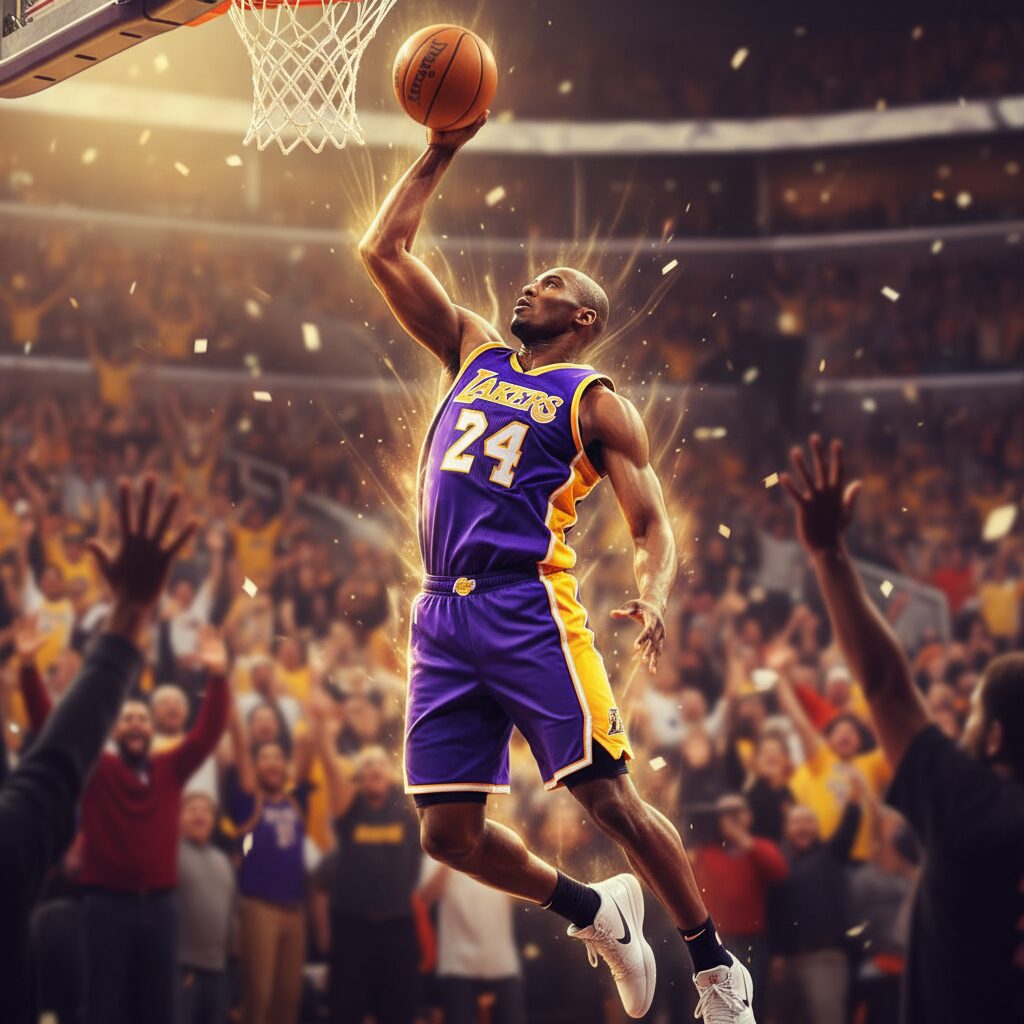レイカーズのユニフォームを着たバスケットボール選手が、ゴールに向かって力強くドライブしているダイナミックなアクションショット。躍動感とエネルギーが表現されている。