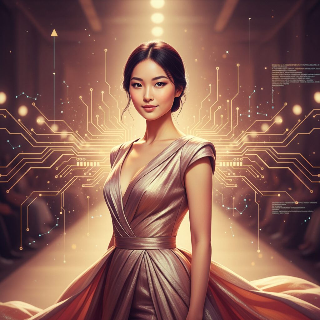 モデルのグラッサム紗亜奈が知的な表情でポーズを取り、背景にはファッションとテクノロジーを象徴する要素が融合した抽象的なデザイン