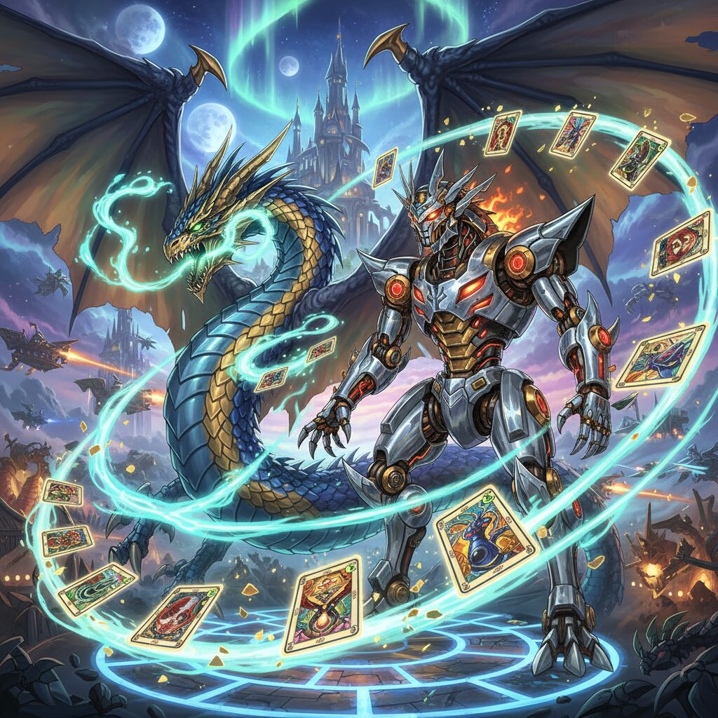 デュエル・マスターズのカード「次世代龍覇 グラッサ＆タレット」のイラスト。ドラゴンのようなクリーチャーと機械的なクリーチャーが並び立つ。