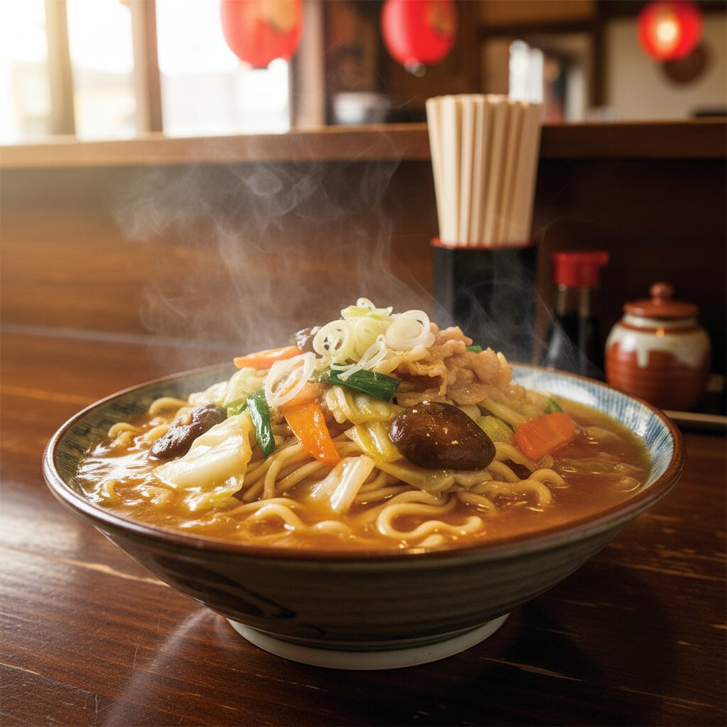 とろみのある餡かけスープが特徴の水戸ちゃんぽんのクローズアップ写真