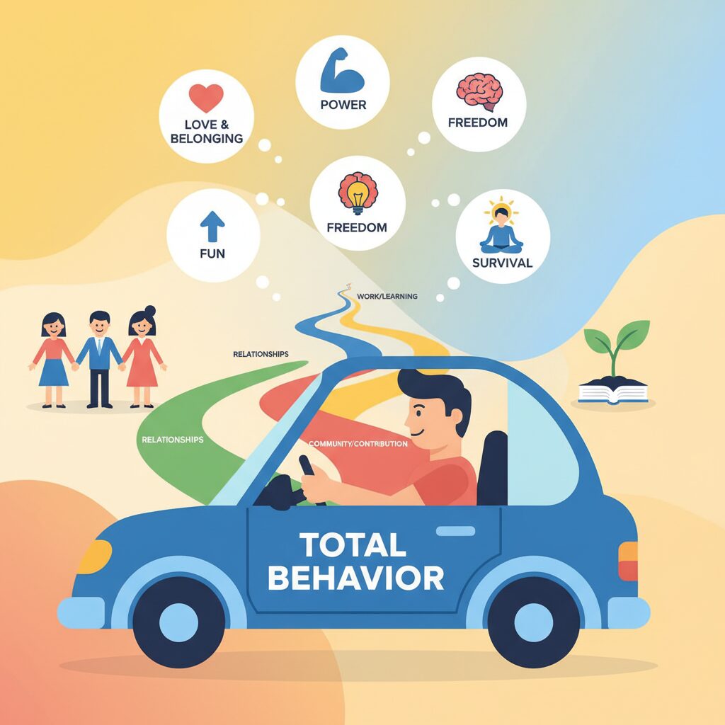 グラッサー博士の選択理論に基づき、自信を持って人生のハンドルを握る人物のイラスト。5つの基本的欲求と全行動が視覚的に表現されている。