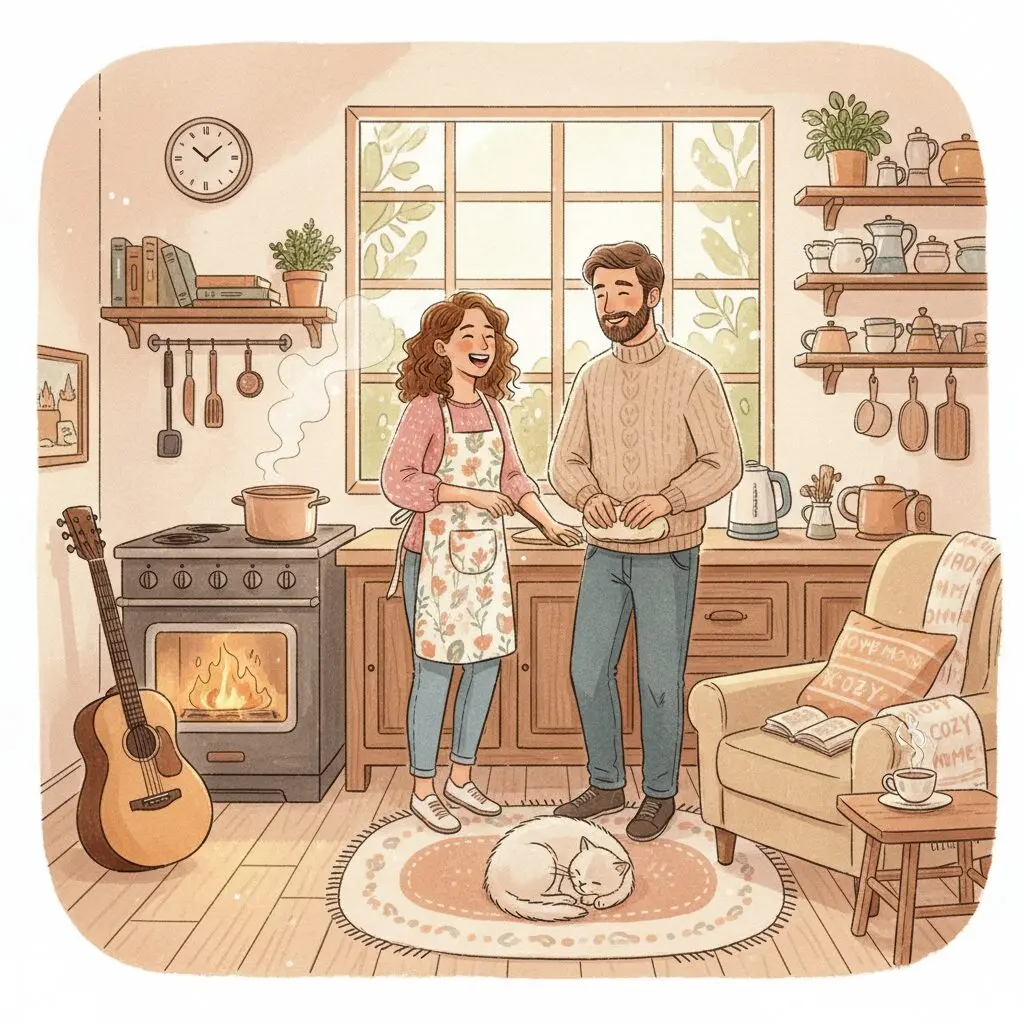 料理をする中村倫也と笑顔で寄り添う水卜麻美アナのイラスト。温かい家庭の雰囲気が伝わる。