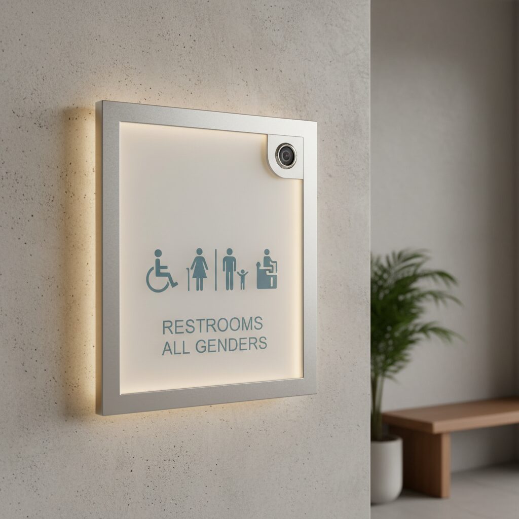 多目的トイレの入り口に設置された、安全とプライバシーへの配慮を示す監視カメラのイメージ。