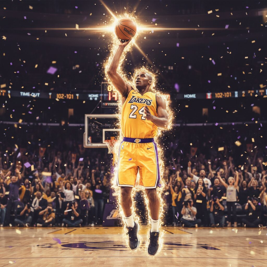 レイカーズのユニフォームを着たバスケットボール選手オースティン・リーブスが、コートで躍動しキャリアハイを達成した瞬間のイメージ。