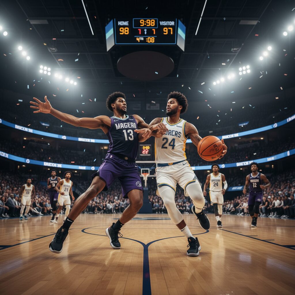 バスケットボールの試合中に激しく競り合うユタ・ジャズとサクラメント・キングスの選手たち。