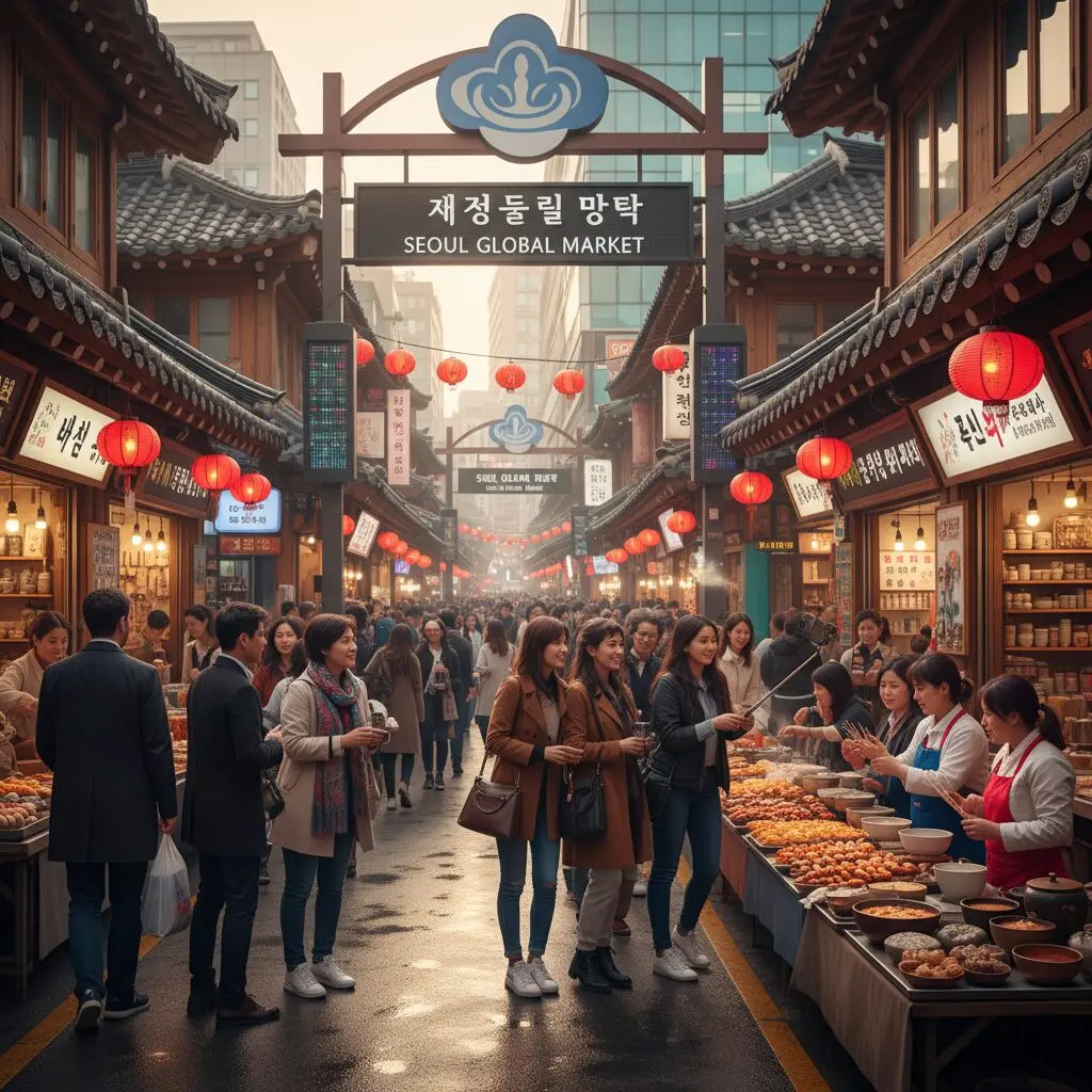 韓国の伝統市場と現代的な街並みを背景に、楽しそうに歩く中国人団体観光客の様子。