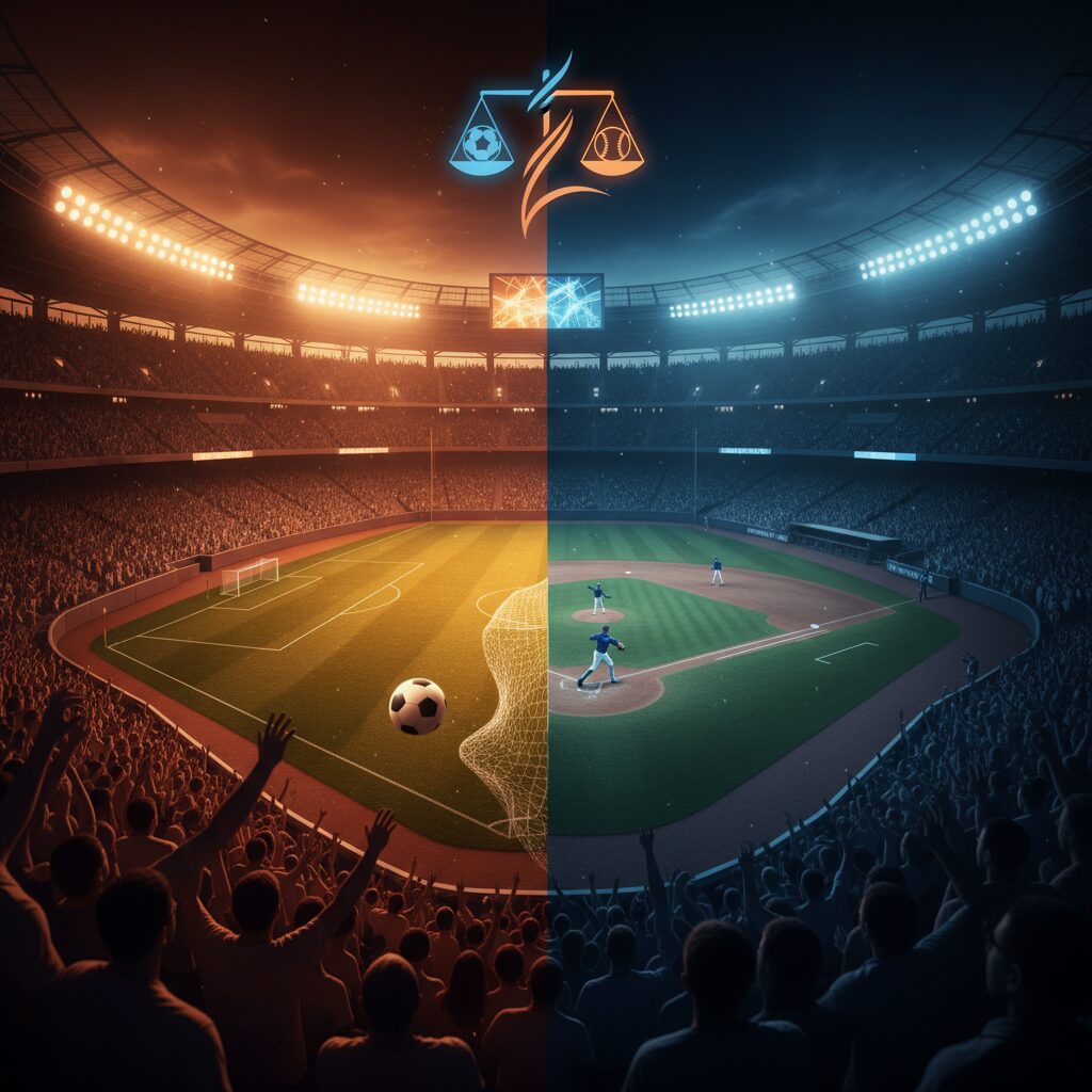 サッカーと野球の試合が並ぶスタジアムの様子。得点と失点のバランスを表現するイメージ。
